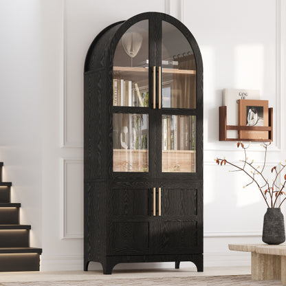 71inch  Arched Farmhouse Pantry Cabinet with Glass Doors Black