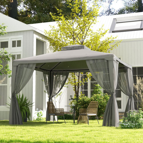 Outsunny 9.6' x 11.6' Patio Gazebo, Outdoor Canopy Shelter with 2-Tier Roof and Netting, Steel Frame for Garden, Lawn, Backyard, and Deck, Gray