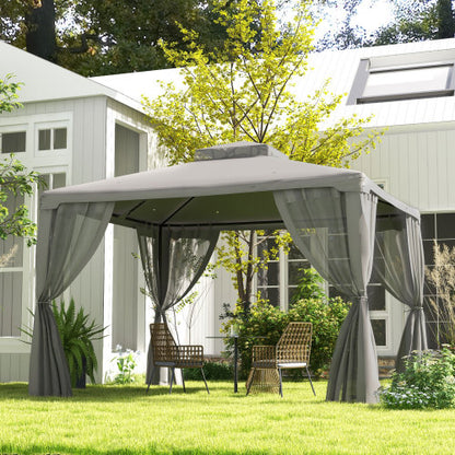 Outsunny 9.6' x 11.6' Patio Gazebo, Outdoor Canopy Shelter with 2-Tier Roof and Netting, Steel Frame for Garden, Lawn, Backyard, and Deck, Gray