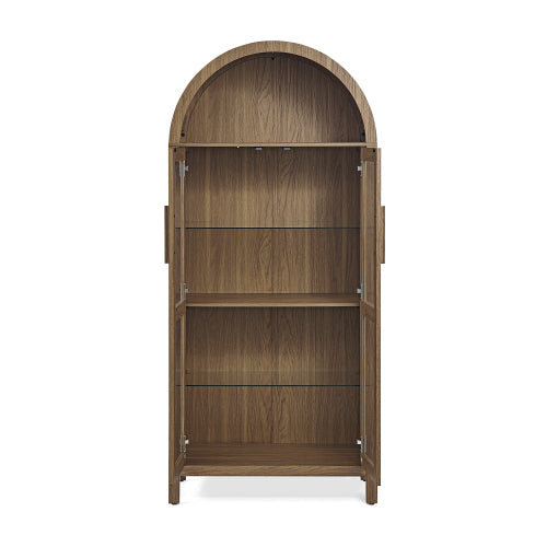 Brown High Arched LED Light Wooden Storage Cabinet Adjustable Glass Partition Modern Retro Home Multi-Functional Display Cabinet