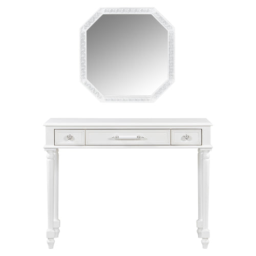 Retro Makeup Desk with Large Octagon Mirror, 3 Drawers Jewelry Storage, Console Table for Bedroom Living Room Hallway, White