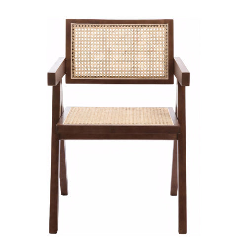 Modern Mid Century Rattan Accent Dining Chair with Armrests, Brown Finish for Living Room & Dining Room