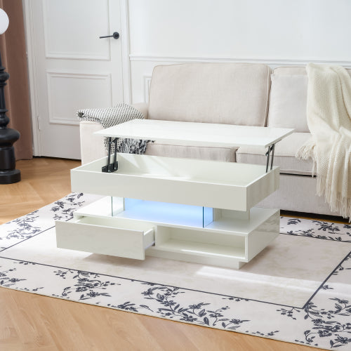 39.3inch  Lift Top Coffee Table with LED Lights, White