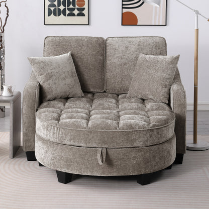 Brown 2-Seater Irregular-Shape Sofa Chaise, Storage Footrest, 2 Throw Pillows