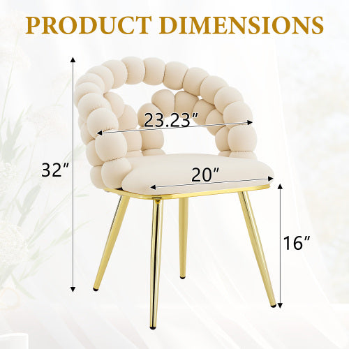 2 Pack Beige Velvet Dining Chairs, Bubble Cushion Back Accent Chairs with Gold Finished Metal Legs