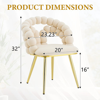 2 Pack Beige Velvet Dining Chairs, Bubble Cushion Back Accent Chairs with Gold Finished Metal Legs