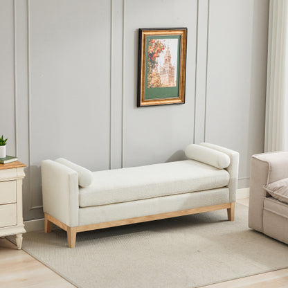 66.34inch W Elegant Upholstered Bench,Daybed, Ottoman with Nature Wood Legs & 2 Bolster Pillows for End of Bed, Bedroom, Living Room, Entryway,Ivory Boucle