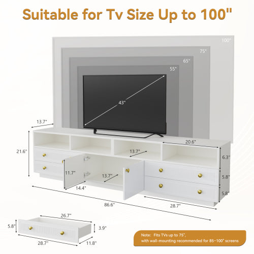 White High Gloss TV Stand for 100 Inch Wall TV with RGB LED Lights & Multi Storage