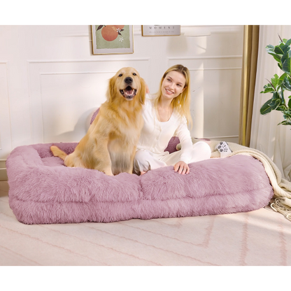 Pink Plush Faux-Fur Human Dog Bed 5-Position Adjustable Convertible Floor Gaming Sofa-Bed