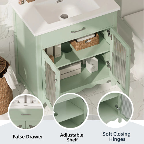 31" Bathroom Vanity with Tempered Glass, Modern Bathroom Cabinet with Rubber Wood legs and Soft close Doors, Green