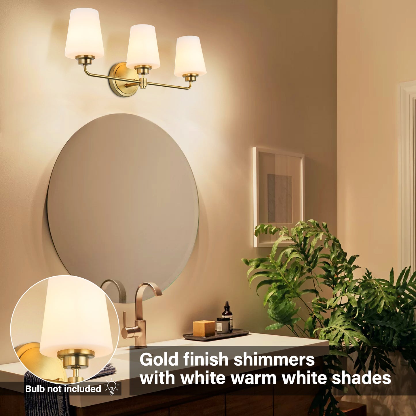 22.5 in. W 3-Light White Plus Gold Bathroom Vanity Light with Shade