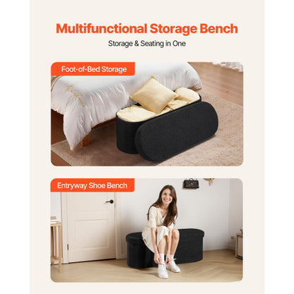 Black Foldable Teddy Fleece Oval Storage Ottoman Bench, 660 LBS Bed End Bench with Divided Storage