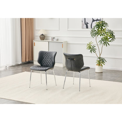Set of 2 Dark Gray Crazy Horse Oil Wax Leather Dining Chairs, Electroplated Metal Leg Diamond Tuft High Back Chairs