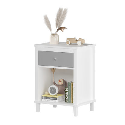 26.77''H Wooden Nightstand with One Drawer One Shelf for Kids, Adults,Gray+Silver handle