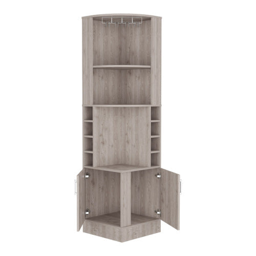 Corner bar cabinet 71 inch H, with two shelves at the top, 1 glass holder, 8 exterior bottle racks, 1 central shelf and a lower drawer with 2 side doors, light gray