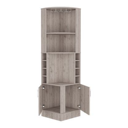 Corner bar cabinet 71 inch H, with two shelves at the top, 1 glass holder, 8 exterior bottle racks, 1 central shelf and a lower drawer with 2 side doors, light gray
