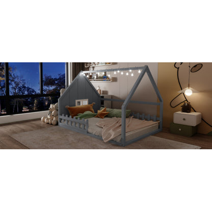 Full Size Wood House Bed with Window and Fence, Gray