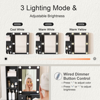 Black Compact LED Vanity Table Set, Power Outlet, Hairdryer Holder & Upholstered Stool