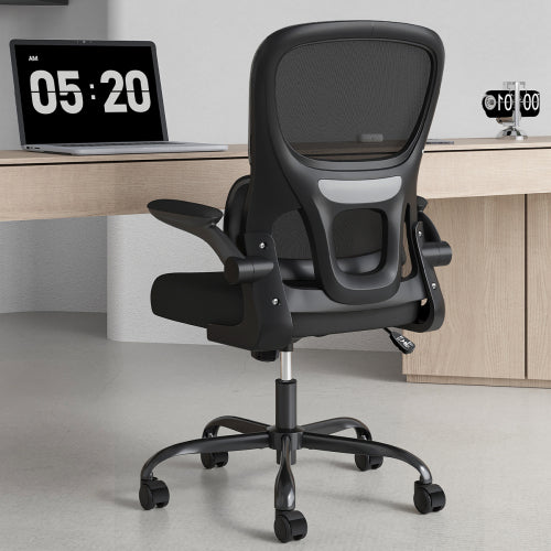 Office Chair, Mesh Ergonomic Office Chair with Lumbar Support, Comfy Computer Desk Chair with Flip Armrest Rolling Wheels for Home Study Room Office, Black & Black