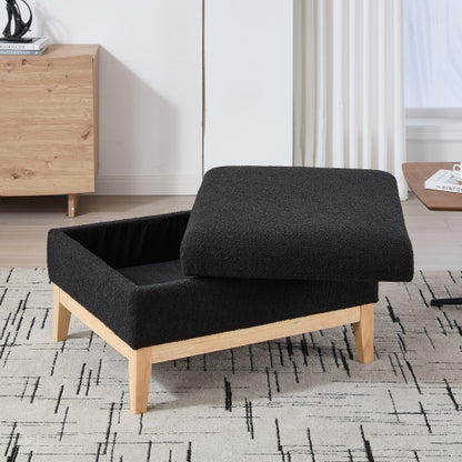 33.86 Inch Black Boucle Square Storage Ottoman, Reversible Lid Footrest with Rubberwood Legs, 300 LBS Weight Capacity