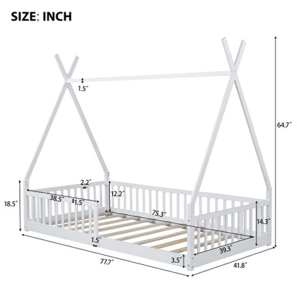 Twin Size Wood House Bed with Fence, White