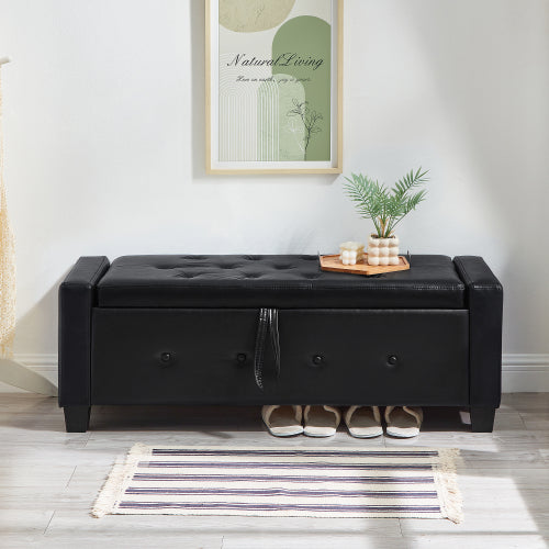 Black Tufted PU Faux Leather 48 inch Storage Ottoman Bench, Hallway Bedroom Storage Seat