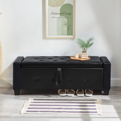 Black Tufted PU Faux Leather 48 inch Storage Ottoman Bench, Hallway Bedroom Storage Seat