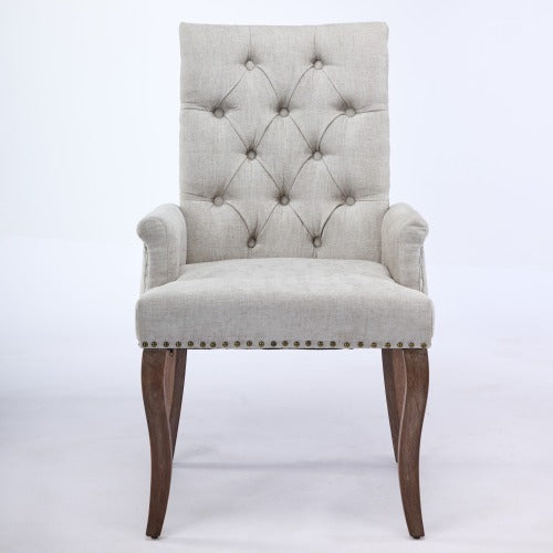 Upholstered Chenille Arm Dining Chair, Tufted Accent Chair with Curved Solid Wood Legs, Beige, Single Pack