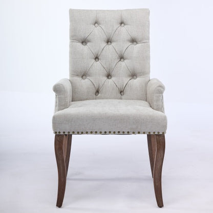 Upholstered Chenille Arm Dining Chair, Tufted Accent Chair with Curved Solid Wood Legs, Beige, Single Pack