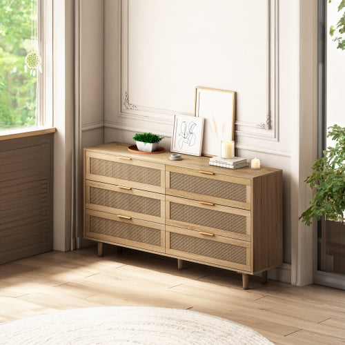 Natural 6-Drawer Rattan Dresser Bedroom Clothes Storage Organizer