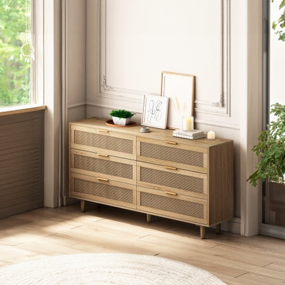 Natural 6-Drawer Rattan Dresser Bedroom Clothes Storage Organizer