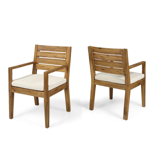Outdoor Dining Chair Set of 2,Sandblast Natural Stained With Beige Cushion