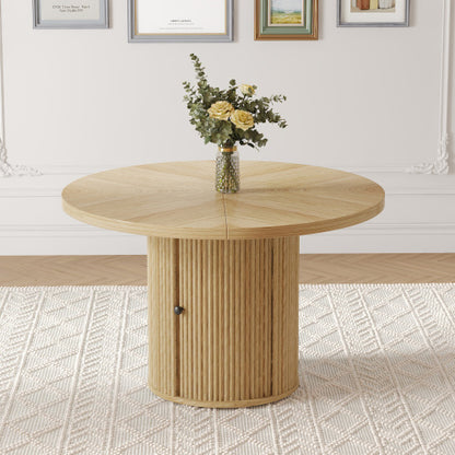 47.2 Inch Wood Grain Round Dining Table, Roman Column Pedestal Table with Double-Layer Storage for Home Dining Room