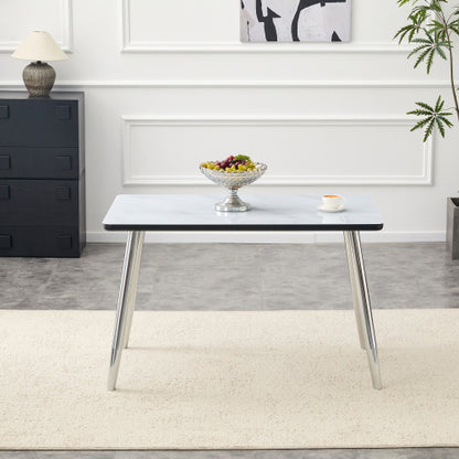 47.3 Inch Marble Tempered Glass Dining Table with Silver Tapered Metal Legs