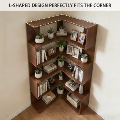 66-Inch 6-Tier Corner Bookshelf L-Shaped Open Storage Walnut