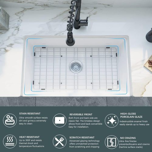 33 inch White Farmhouse Sink, Fireclay Apron Front Farm Kitchen Sinks Farmhouse Ceramic Porcelain Single Bowl Deep Large Capacity Kitchen Sink with Stainless Steel Grid and Strainer