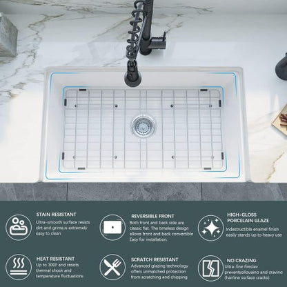 33 inch White Farmhouse Sink, Fireclay Apron Front Farm Kitchen Sinks Farmhouse Ceramic Porcelain Single Bowl Deep Large Capacity Kitchen Sink with Stainless Steel Grid and Strainer