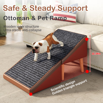 Brown 3-in-1 Foldable Pet Ottoman Dog Ramp, Anti-Slip Pet Stairs with Hidden Storage for Dogs & Cats