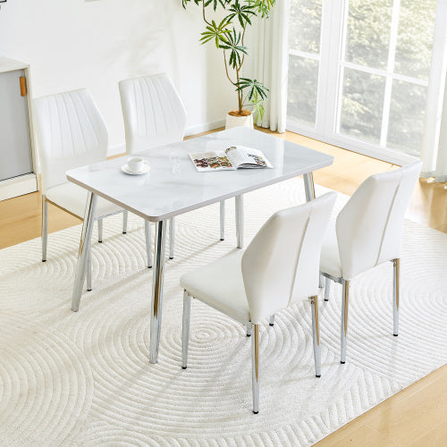 5-Piece Marble Glass Dining Set, Double-Layer Table & 4 White PU Shell Pattern Chairs