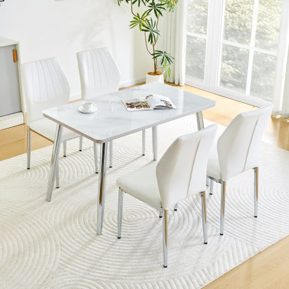 5-Piece Marble Glass Dining Set, Double-Layer Table & 4 White PU Shell Pattern Chairs