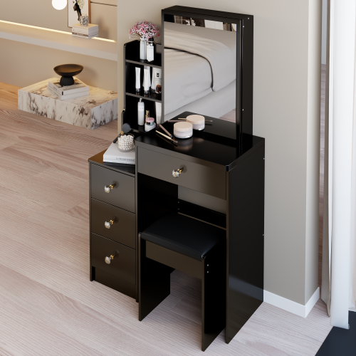 White 29.2 inch  Small Space Left Bedside Cabinet Vanity Table + Cushioned Stool, Extra Large Right Sliding Mirror