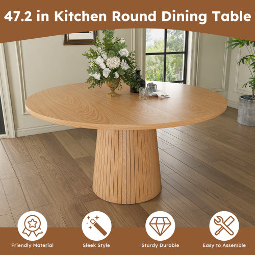 47 Inch Round Farmhouse Dining Table, Oak Finish