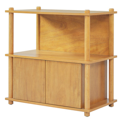 Natural Wood Nightstand, 2 Open Shelves & 2-Door Storage Cabinet Push-to-Open Side Table