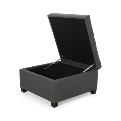 Dark Gray Fabric Tufted Storage Ottoman with Birch Wood Legs