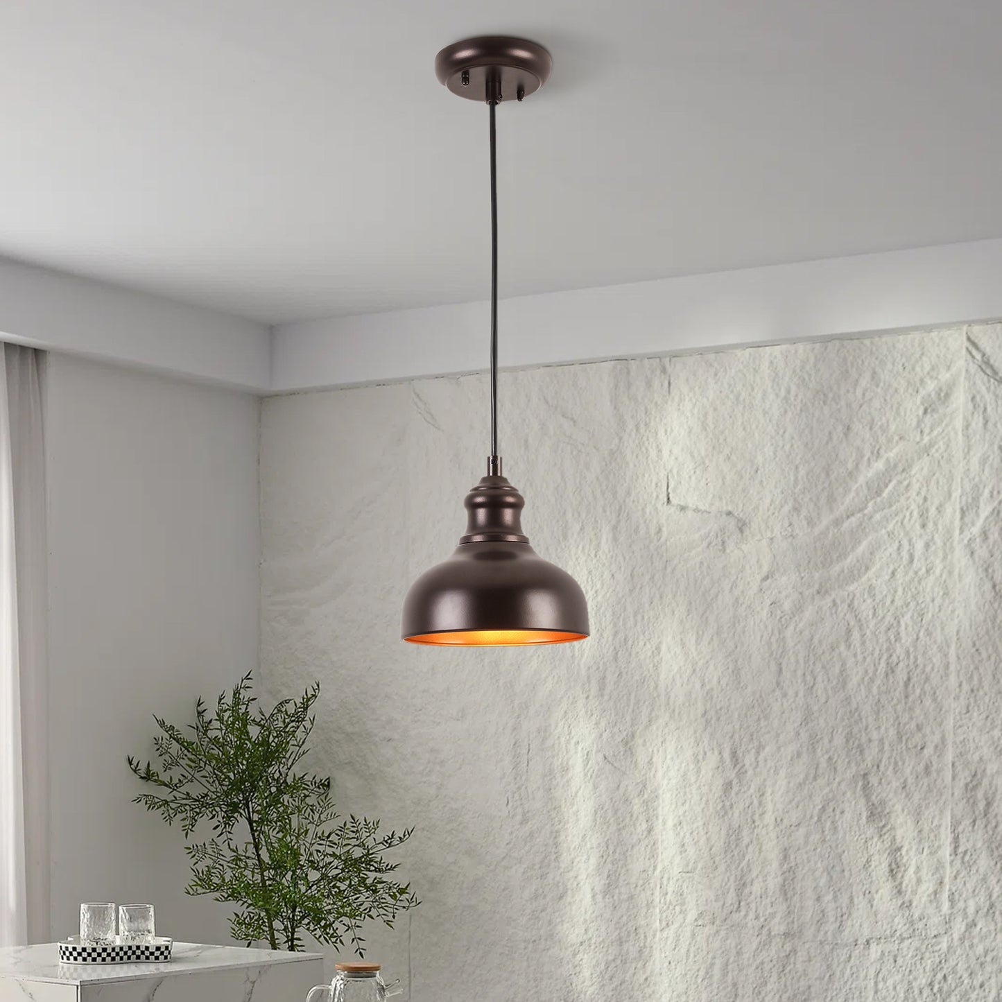 100-Watt 1-Light Black and Brass Finish Pendant Light with Metal Shade and No Light Bulbs Included.