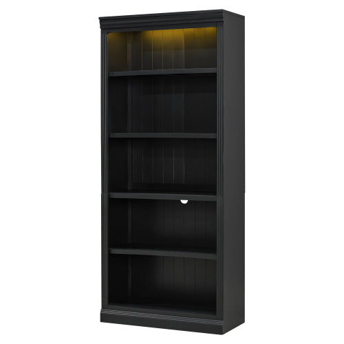 Black 5-Tier Tall Bookshelf With USB LED Light Strip Adjustable Home Display Rack