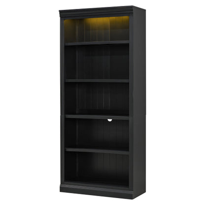 Black 5-Tier Tall Bookshelf With USB LED Light Strip Adjustable Home Display Rack