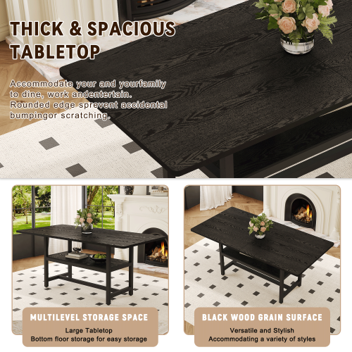 71-Inch Black Wood Grain Dining Table with Storage Shelf