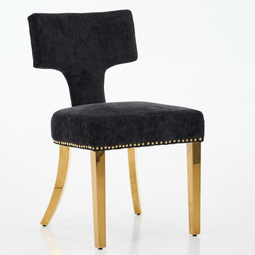 Set of 2 Black Mid-Century Farmhouse Dining Chairs, Copper Nail Curved Back Golden Plated Stainless Steel Legs 300lbs Capacity