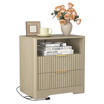 Wood Smart Nightstand, 7-Color Voice Control Night Light & Built-In Charging Station